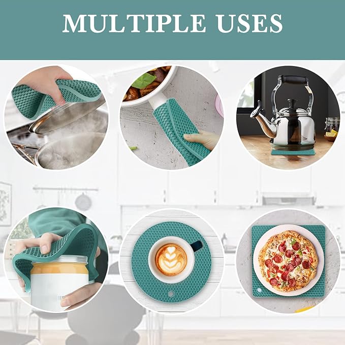 4 Pack Silicone Trivets for Hot Dishes, Dark Green Silicone Hot Pads Trivet for Hot Pots and Pans, 4 PCS Heat Resistant Silicone Mats Pot Holders for Kitchen Counter, Large Coasters & Jar Opener