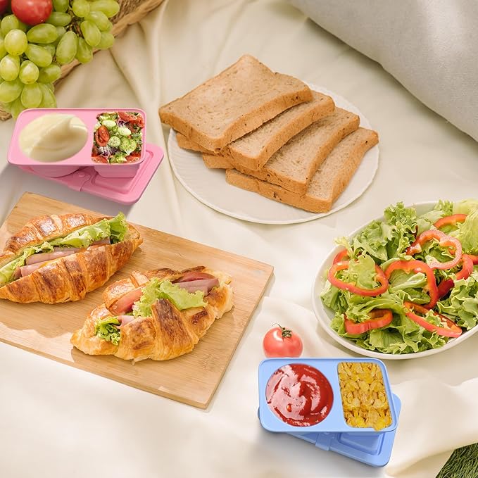 2 Pack Reusable Snack Containers with Lids, Silicone Double Compartment Snack Box Container, Small Mini Snack Pack Containers for Travel, Picnic, Work