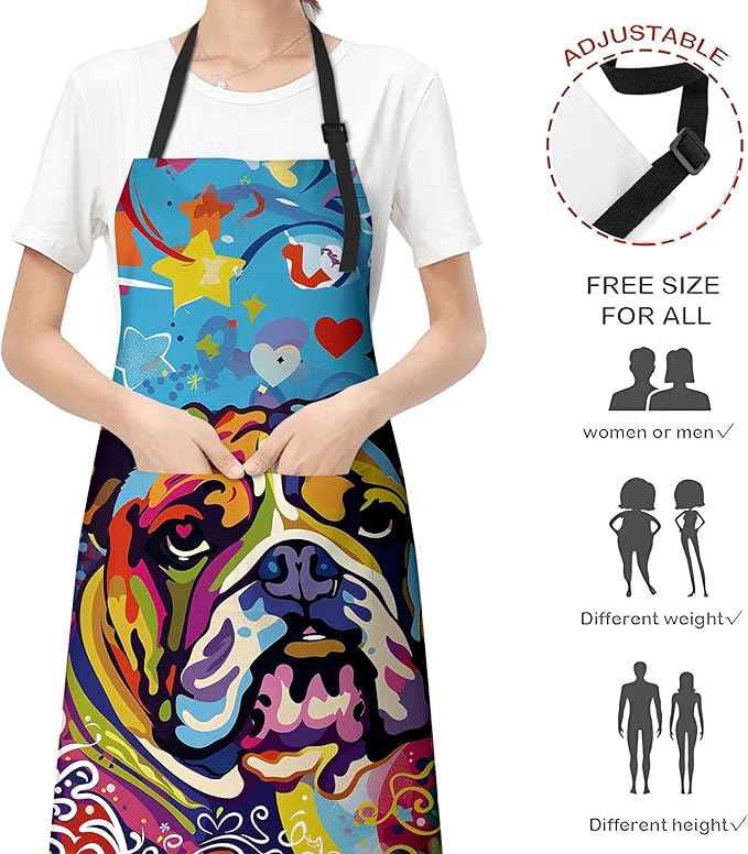 Funny Bulldog Apron for Women Men, Cooking BBQ Chef Polyester Lightweight Colorful Dog Aprons with Pockets for Baking Kitchen Gardening Cleaning, Adjustable Neck Strap, 28×33inch