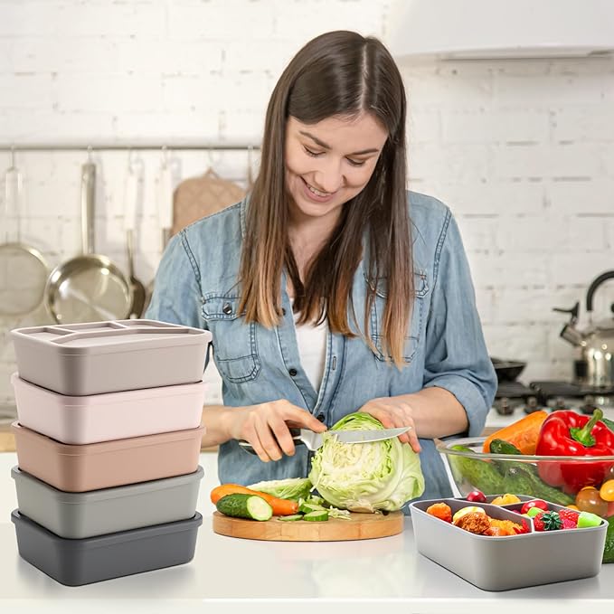 Honeydak 6 Pcs Silicone Bento Box Reusable Lunch Container 4 Compartment Snack Boxes with Lid Smooth LeakProof Rectangle Food Boxes for Adult Work Travel Food Storage(Vivid Color)