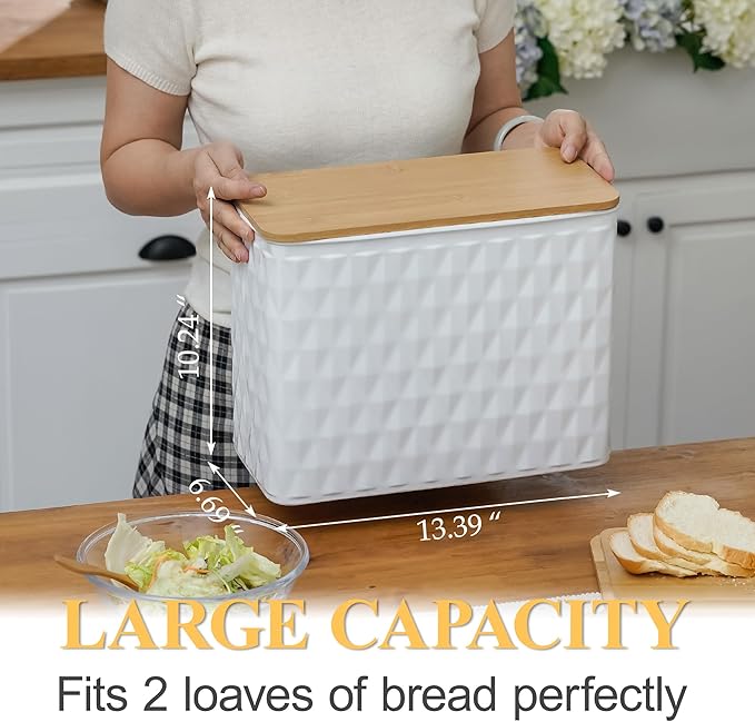 Extra Large Bread Box for Kitchen Countertop Corner Breadbox for Homemade Bread Metal White Diamond Pattern Embossed Storage Container Bin with Bamboo Lid Fits 2 Loaves of Bread
