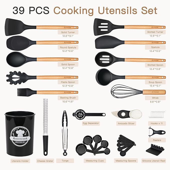 Astercook Kitchen Utensils Set, 39 PCS Silicone Cooking Utensils Set with Wooden Handle, 446°F Heat Resistant Food Grade Utensil Sets, BPA Free Kitchen Gadgets Tools Set for Nonstick Cookware (Black)