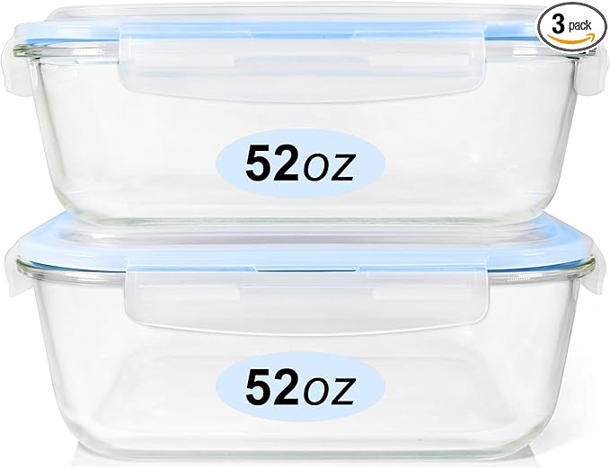 Glass Food Storage Containers Set, Large Size Containers with Lids, BPA-free Locking lids, 100% Leak Proof Glass Meal Prep Containers, Freezer to Oven Safe (2 Pack of 52oz)