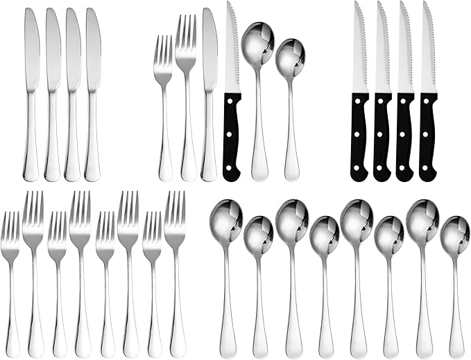 Oval Dinnerware Set, 24 Pcs Silverware Set for 4, Food-Grade Stainless Steel Flatware Set, Mirror Polished Cutlery Utensil Set, Include Steak Knife Fork And Spoo, Dishwasher Safe