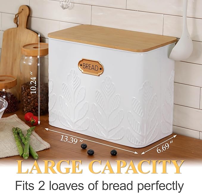 Extra Large Bread Box for Kitchen Countertop Corner Breadbox for Homemade Bread Metal White Plant Pattern Embossed Bread Storage Container Bin with Bamboo Lid Fits 2 Loaves of Bread