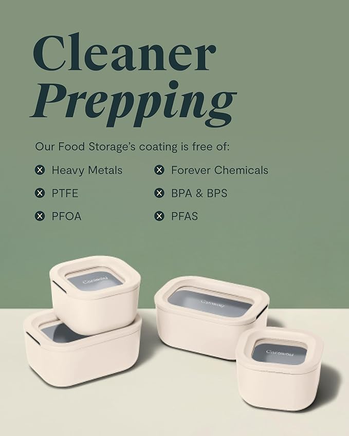 Caraway 6pc Food Storage Container Set - 1.75 Cup Glass Storage Container for Food (6) - Non-Toxic Ceramic-Coated Glass - Air Release Technology - Compact & Stackable Design - Cream