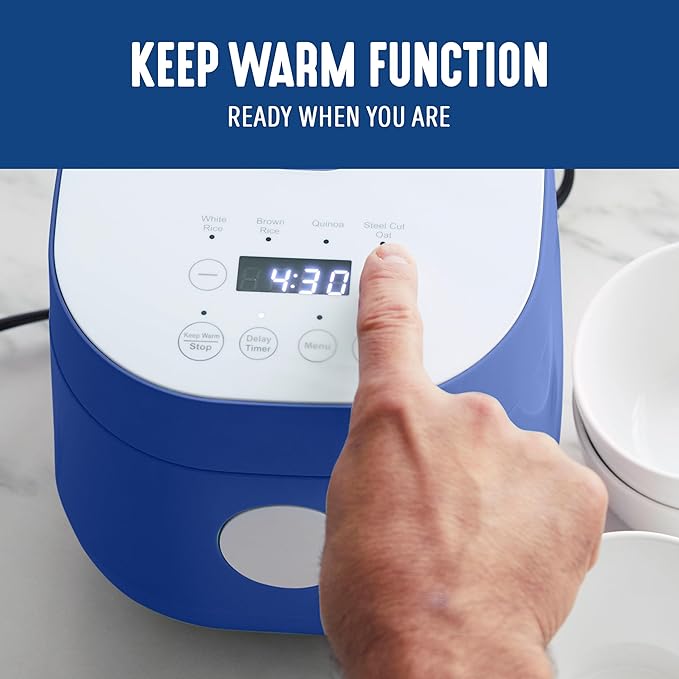 GreenLife Digital Rice Cooker, 2-Cups Uncooked/4-Cups Cooked, Removable Nonstick Ceramic PFAS-Free Pot, One-Touch Presets, Oats, Quinoa, Brown Rice, Auto Keep Warm, Fuzzy Logic Tech, 1.5QT, Navy Blue