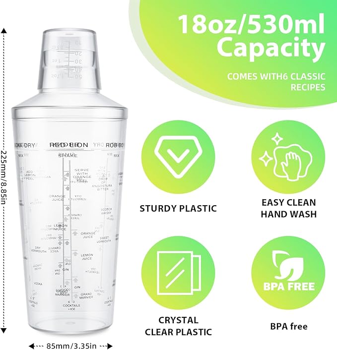 Plastic Boston Cocktail Shaker Set, 6 Pack 18oz Shatterproof Bartender Kit with Built-in Strainer Lids, Travel Bar Tools for Beginners, Mixing Martinis, Margaritas (530ML, 6 pack)