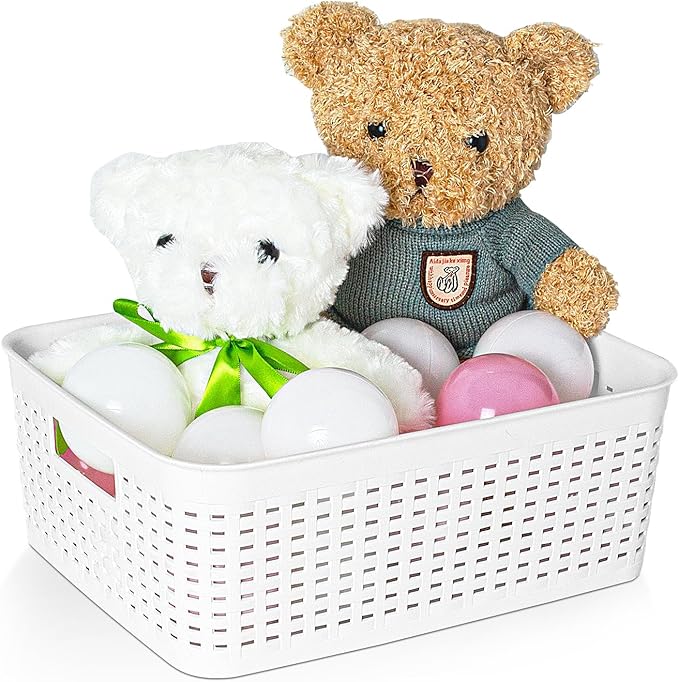 Plastic Storage Baskets for Cabinets, Household Pantry Organization with Handle,Organizer Bins for Room,Bathrooms,Under-Sink,Kitchen (White, M-3PACK)