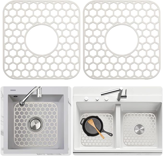 2 Pack Silicone Sink Protectors for Kitchen Sink - 12" x 11" Kitchen Sink Grid Accessory, Non-Slip Heat-Resistant Mat for Bottom of Porcelain Stainless Steel, Dishwasher Safe (White)