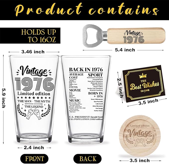 Funny 50th Birthday Gifts for Men 50 Year Old Gifts for Vintage 1976 Beer Drinking Glass Happy Anniversary 50th Birthday Party Supplies Decorations for Him Husband Dad Coworker