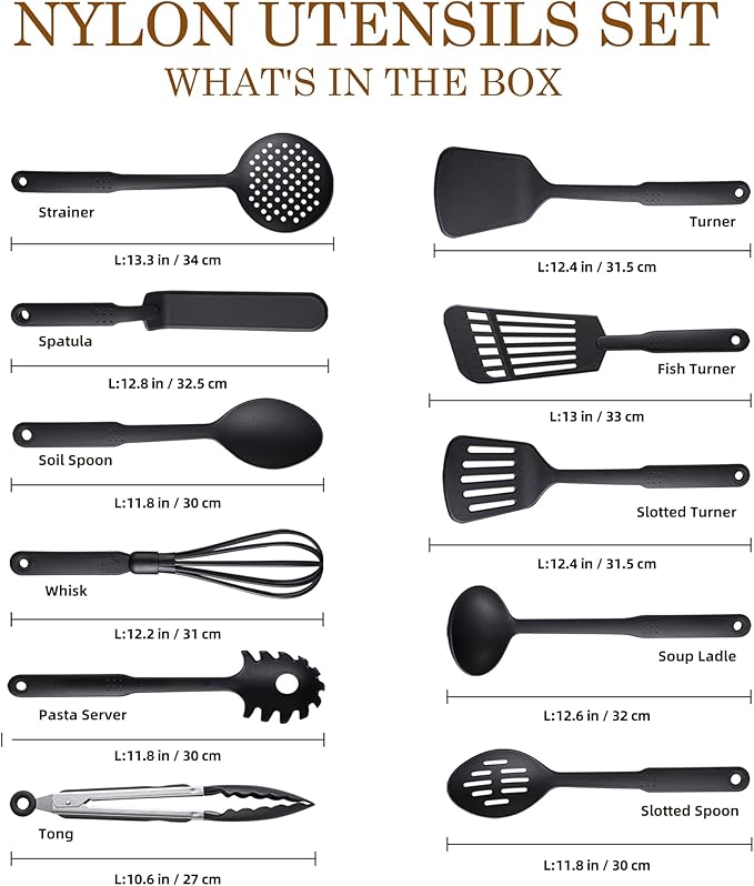 TJ POP Kitchen Utensils Set of 11 Pcs, Nylon Utensils Set, Non-Stick Cooking Utensils Set 410°F Heat Resistant, Kitchen Gadgets Accessories Tools for Cookware (BPA Free)
