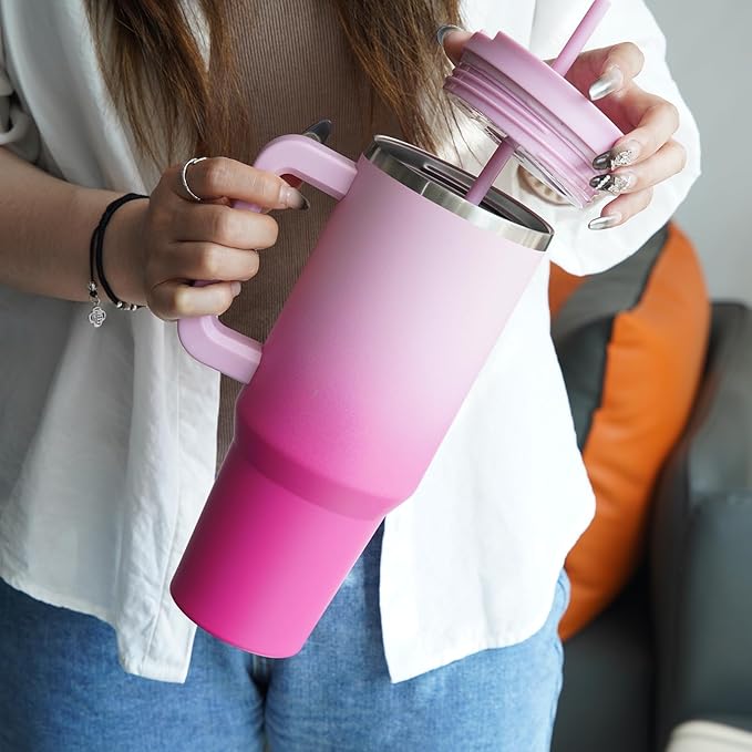 30 oz Tumbler with Handle and 2 Straws,2 in 1 Lid Insulated Water Bottle Stainless Steel Travel Coffee Mug,Cherry Blossoms