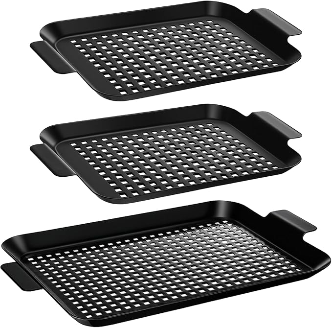 3 Pack Grill Topper Pans for Outdoor Grill Stainless Steel Nonstick Grilling Baskets with Holes and Handles Heavy Duty Perforated Grilling Tray Barbecue Accessories for Vegetable, 2 Size