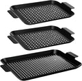 3 Pack Grill Topper Pans for Outdoor Grill Stainless Steel Nonstick Grilling Baskets with Holes and Handles Heavy Duty Perforated Grilling Tray Barbecue Accessories for Vegetable, 2 Size
