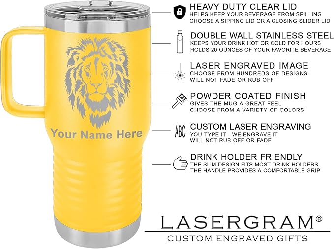 LaserGram 20oz Vacuum Insulated Travel Mug with Handle, Sushi, Personalized Engraving Included (Yellow)