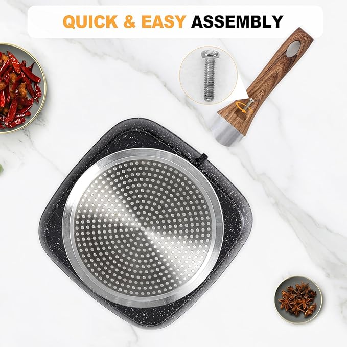3 Pieces Nonstick Grill Pan Set – Square Griddle Pans with Wooden Handle, Compatible with All Stovetops, Perfect for Steak, BBQ, Vegetables (9.5", 10.2", 11") Deep Black