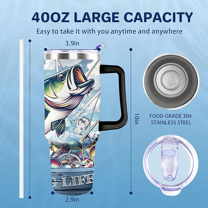 Fishing Gifts For Men 40oz Fishing Travel Tumbler for Fishings Lover Fathers Day Fishings Gift For Dad Grandpa Husband as Christmas Birthday Presents Lover Cup With Handle