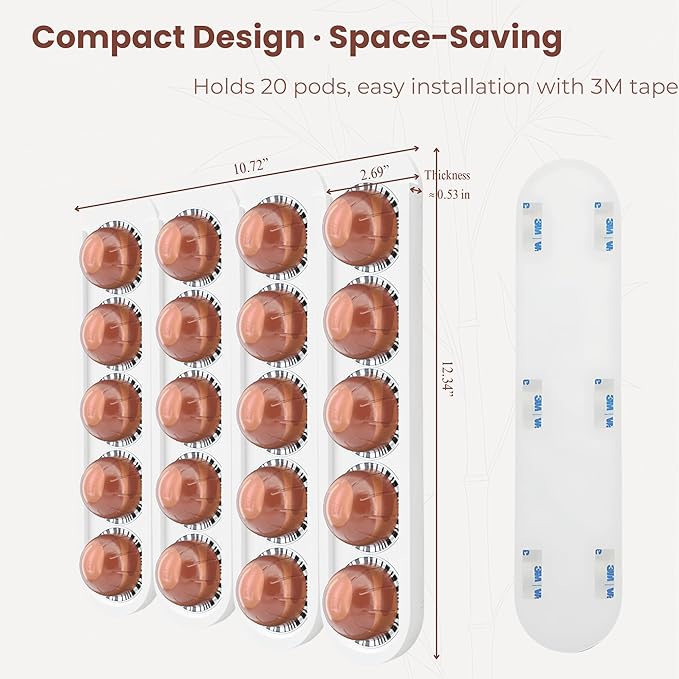 Bamboo Coffee Pod Holder, Adhesive Wall Mount for Cabinet Door, 20-Capsule Storage (Set of 4) — Vertical/Horizontal — Compatible with Nespresso Vertuo Line-White