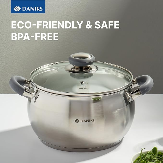 Daniks Modern 4 Quart Stainless Steel Stock Pot with Glass Lid, Tri-Ply Bottom for Even Heating, Induction Compatible, Dishwasher Safe, Heatproof Handles