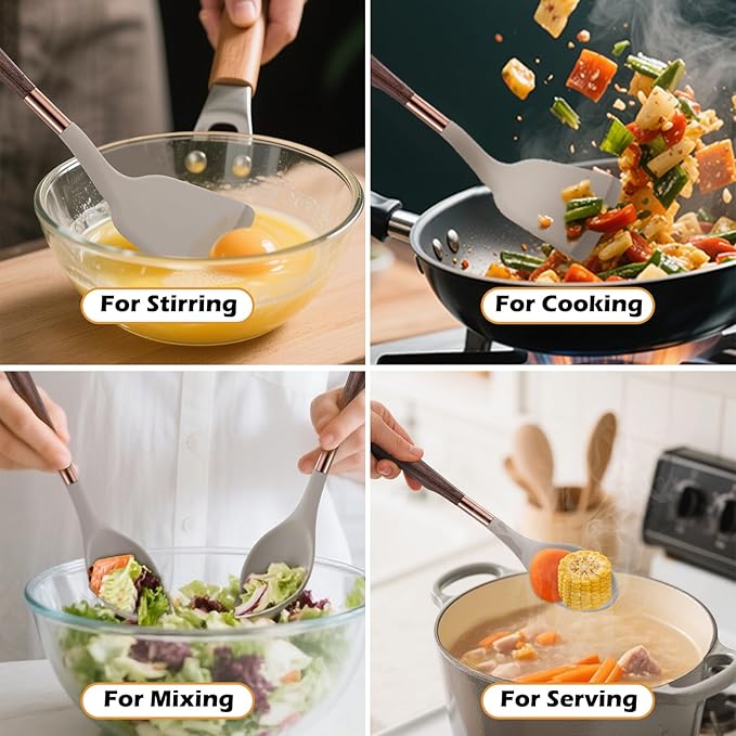 MANJIA Silicone Spatulas Set, Nonstick Silicone Spoon & Turner Spatula Set, Serving Spoon kitchen Spatula for Cooking Fish, Eggs,Flipper, Cooking Utensils Set 2pcs (khaki-solid spoon & spatula)