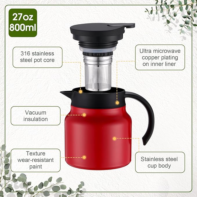 2 Pcs Thermal Coffee Carafe for Keeping Hot/Cold Stainless Steel Small Coffee Creamer Container Double Wall Vacuum Insulated Tea pot Beverage Dispenser for Milk Hot Chocolates(Red,27 oz)