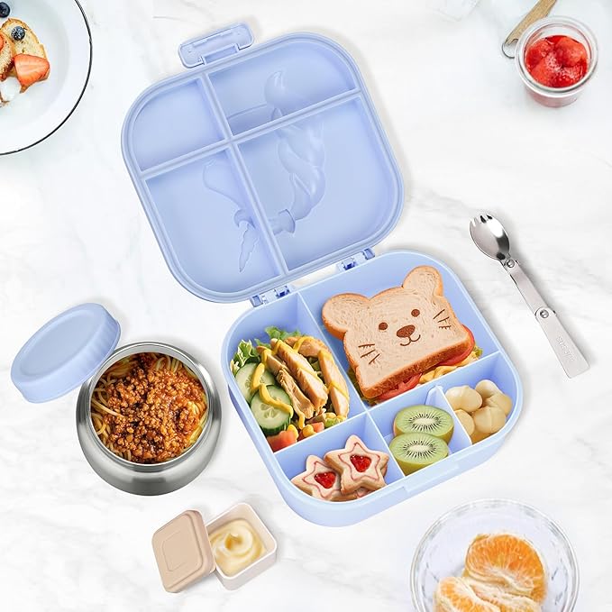 Kids Lunch Box Set -12oz Insulated Food Jar, Thermal Bag,Leakproof Lunch Food Containers Cutlery (BPA Free)-Gift for Girls/Boys Age 3-10(Blue)