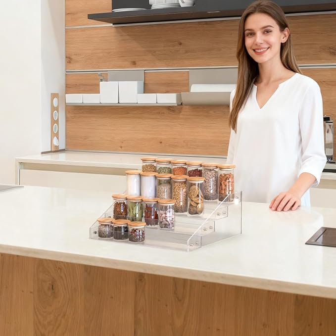 4 Step Acrylic Spice Rack Organizer for Cabinet, Transparent Display Riser Shelf Seasoning Organizer for Countertop Cupboard Pantry, Condiment Jar Kitchen Storage Holder Stylish Display Stand