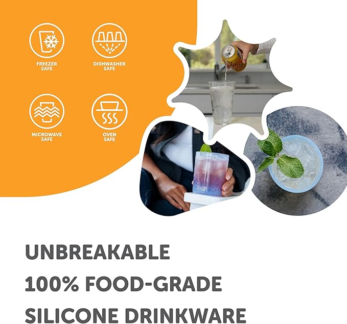 Silipint 16oz Silicone Pint Glass – Unbreakable BPA-Free Reusable Silicone Drinking Cup – Flexible Dishwasher Microwave & Freezer Safe – Stemless Glass for Water Coffee Smoothies (Icicle)