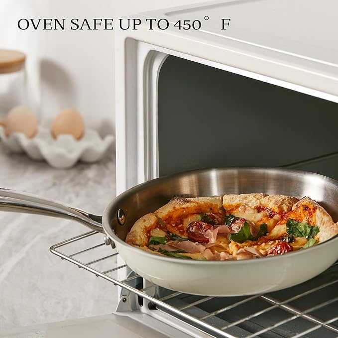KITEXPERT 8" Tri-Ply Stainless Steel Frying Pan – PFOA-Free, Beige Ceramic Exterior, Stainless Steel Handle, Dishwasher & Oven Safe, Compatible with All Stovetops