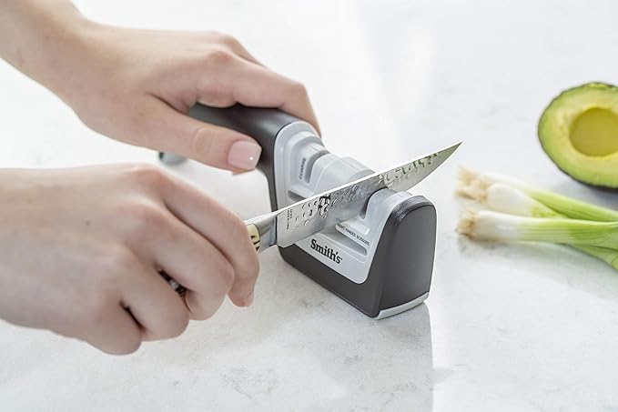 KitchenIQ 50217 Diamond Pull-Thru Knife & Scissor Sharpener – Black/White – Pull-Thru Knife Sharpener – Left & Right-Handed Scissor Sharpener – Coarse & Fine– Straight & Serrated Blades