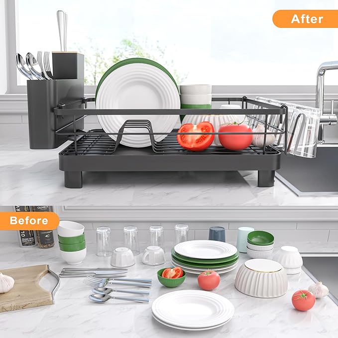 Runnatal Dish Drying Rack, Stainless Steel Dish Rack with Drainboard for Kitchen Counter and Sink, Large Capacity Dish Drainer, Detachable 2-in-1 Utensil Holder, Cup Holder, Black