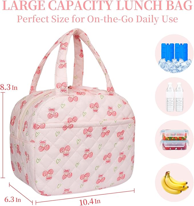 Quilted Lunch Box for Women,Lunch Box for Teen Girls,Cute Pink Cherry Lunch Bags for Work, School,Office,Picnic,Travel (cherry heart)