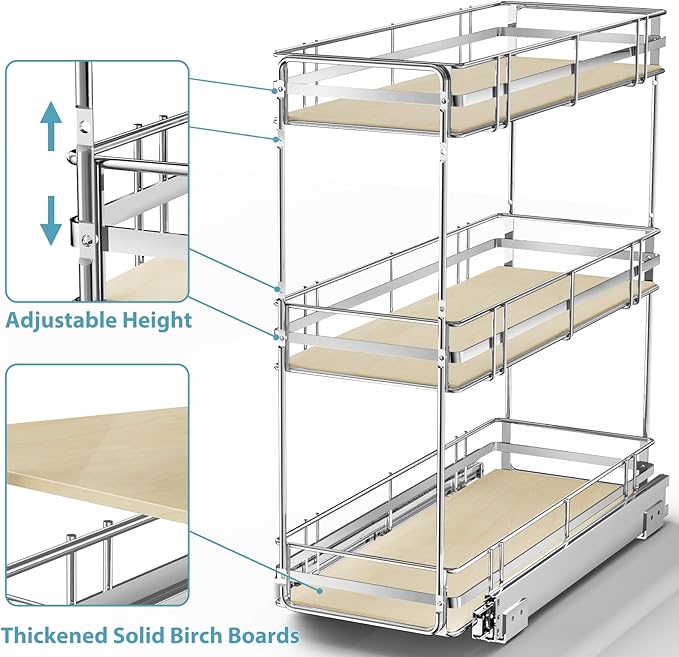 Pull Out Spice Rack Cabinet Organizer 9" W x 20½" D, 3 Tier Heavy Duty Slide Out Wood Shelf for Narrow Cabinet, Pull Out Storage for Kitchen