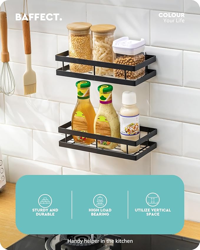 Baffect Metal Spice Rack Wall Mount Floating Shelves 2 Pack Black Storage organizer for Cabinet Door Pantry Kitchen Bathroom Supplies (9.8inches length)