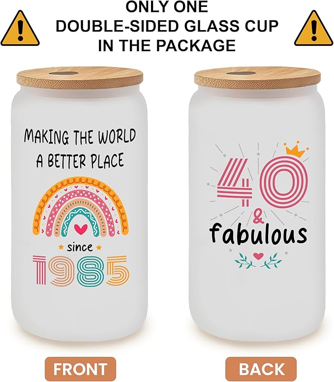 Vivulla68 40th Birthday Gifts Women Men - 40 Year Old Gifts For Her Him - 40th Birthday Ideas - 1985 Birthday Gift - Turning Forty - Forty Birthday Frosted Glass With Lid And Straw