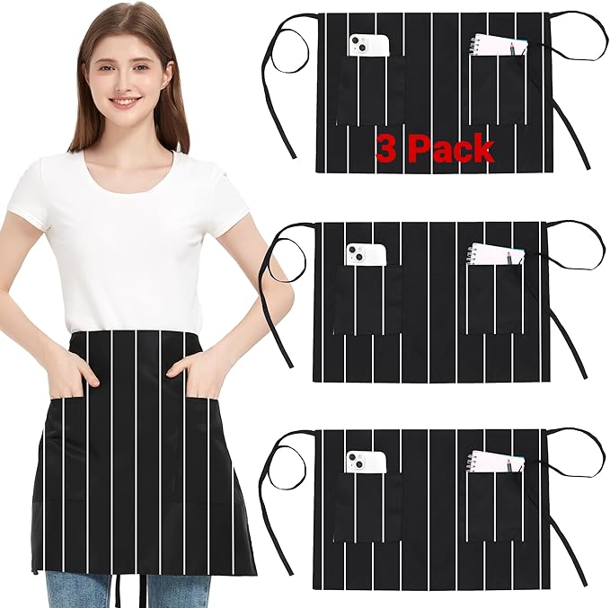 3 Pack Waist Apron with 3 Pockets, Unisex Black Waiter Aprons, Water Resistant Server Aprons for Restaurant Chef Bar