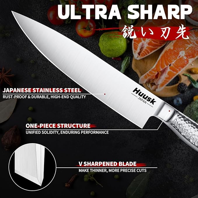 Huusk Kitchen Knife Set with Block & Built-in Sharpener - 15pcs Japanese Stainless Steel Knife Block Set, Dishwasher Safe, Sharp Professional Chef Sets for Kitchen, Home-warming Christmas Gift for Men