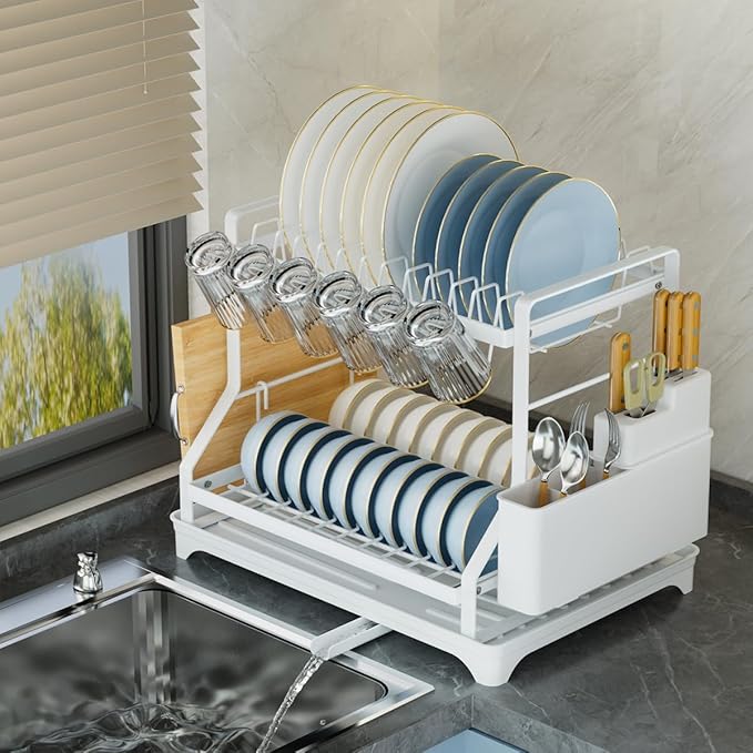 2-Tier Dish Drying Rack, White Metal Large, Space Saving Countertop Mount with Drainboard, Utensil Holder, 16.5x12.7x13.3 Inches