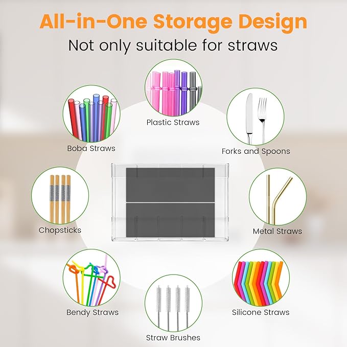 Acrylic Magnetic Straw Holder, Straw Organizer Dispenser with Two Pieces Magnet Sheets, Drinking Straw Storage Holder for Cabinet Door Fridge Counter Kitchen Office (Transparent)