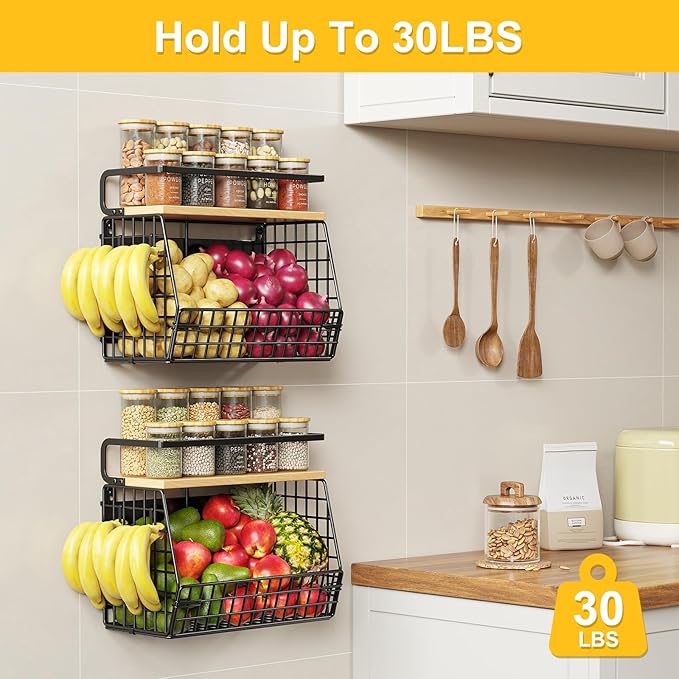 Magnetic Shelf for Fridge with Wood Lid, Fruit Onion and Potato Storage Organizers, Wall Hanging Basket with 4 Hooks, Magnetic Spice Rack for Refrigerator and Kitchen Counter