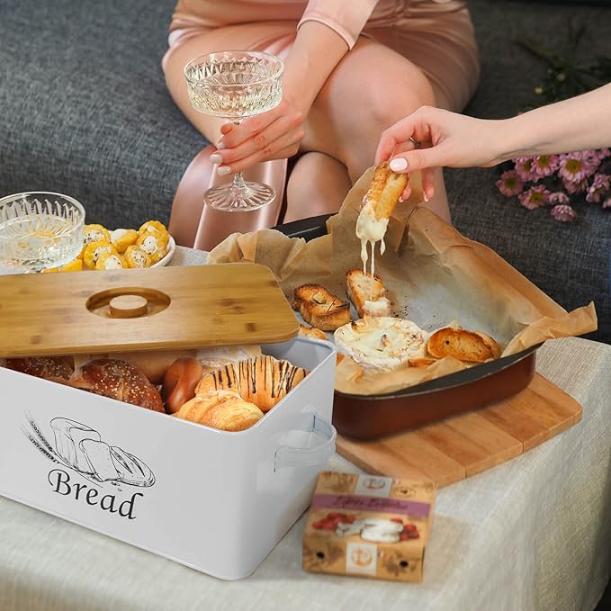 SOTECH Bread Box with Cutting Board and Handle Bread Holder with Bamboo Lid for Kitchen Countertop,Loaf Bread Storage Container Farmhouse Bread Bin