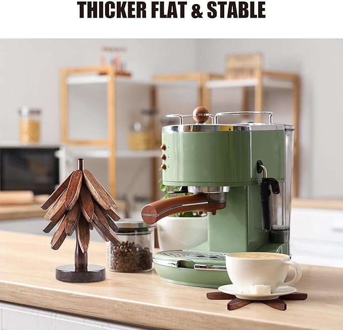 Wooden Trivets for Hot Dishes, Tree-Shaped Wooden Trivet Set, Includes 4 Trivets with Stand, Beech Wood (Walnut)