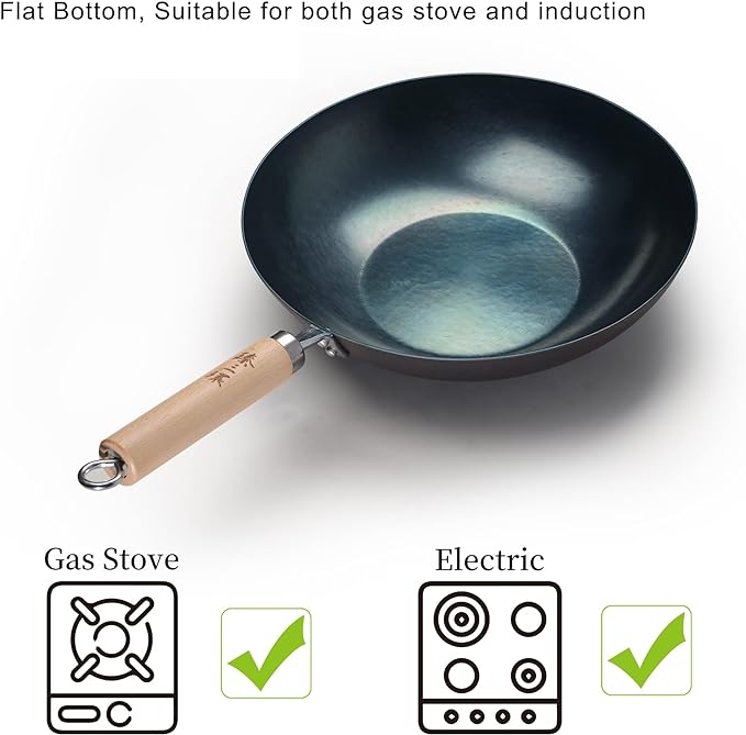 臻三环 ZhenSanHuan HandHammered Iron Wok Flat Bottom Induction Suitable (32CM Iron Handle)