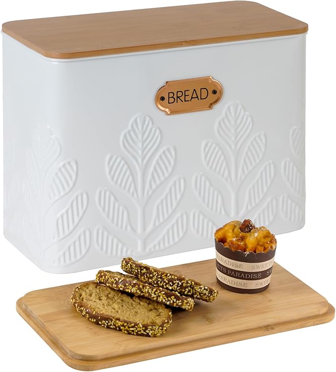 Extra Large Bread Box for Kitchen Countertop Corner Breadbox for Homemade Bread Metal White Plant Pattern Embossed Bread Storage Container Bin with Bamboo Lid Fits 2 Loaves of Bread