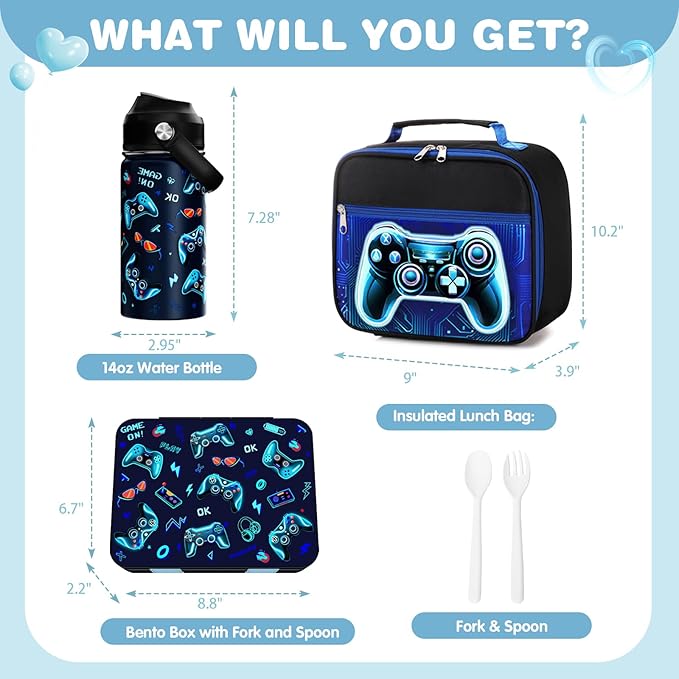 Bevalsa Kids Bento Lunch Box with 6 Compartment, Stainless Steel Metal Water Bottle, Insulated Bag & Utensils, BPA-Free Leakproof Food Container for School Boys Girls, Back To School Gift
