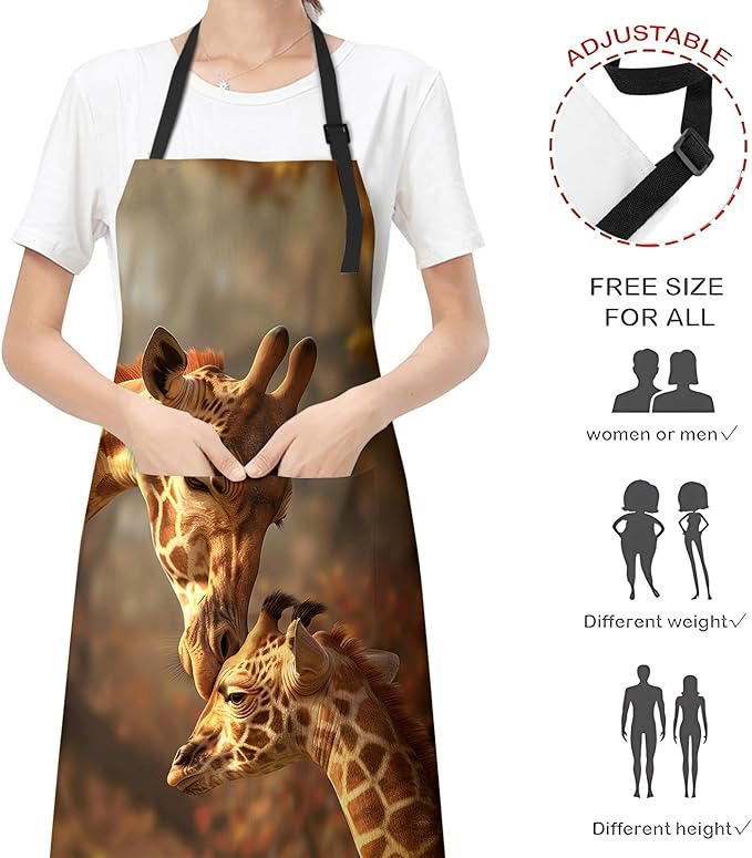 Rustic Fall Giraffe Apron for Women Chef Nature Lovers Gifts, Polyester Lightweight Autumn Animal Aprons with Pockets for Cooking Baking Kitchen BBQ Cleaning, Adjustable Neck Strap, 28×33inch