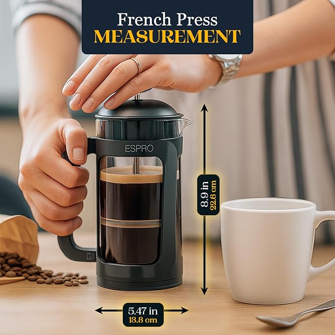 ESPRO P3 French Press Coffee Maker – Patented Double Micro-Filter for Grit-Free Brew, Heat Resistant thicker Borosilicate Glass Coffee press – (18 oz)