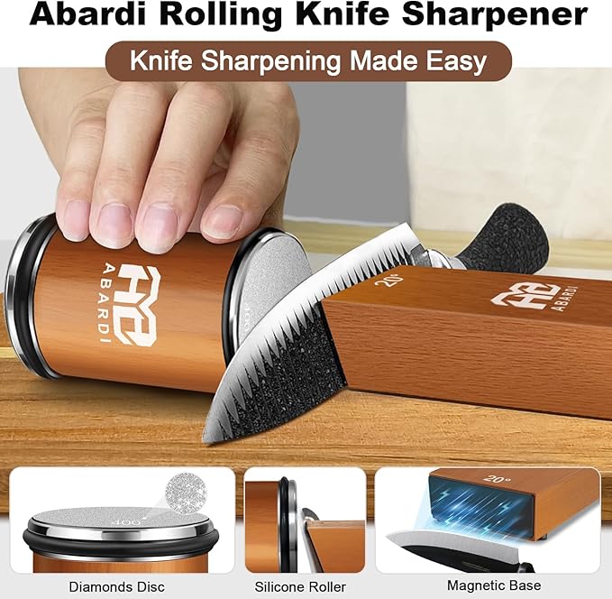 Abardi Rolling Knife Sharpener for Straight Edge, Knife Sharpening with Industry Diamonds Made Easy, Knife Sharpeners Kit with 15 & 20 Degree Magnetic Angle for Kitchen Knives (Brown)