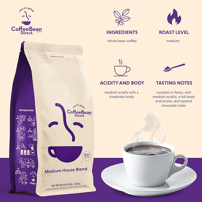 Coffee Bean Direct Medium House Blend, Whole Bean Coffee, Medium Roast, 2.5 Pound Bag (Pack of 1)